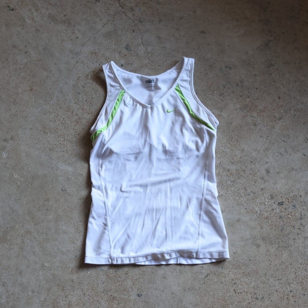 Nike Dri-FIT White Racerback Athletic Tank Top Neon Green Trim Women's Small